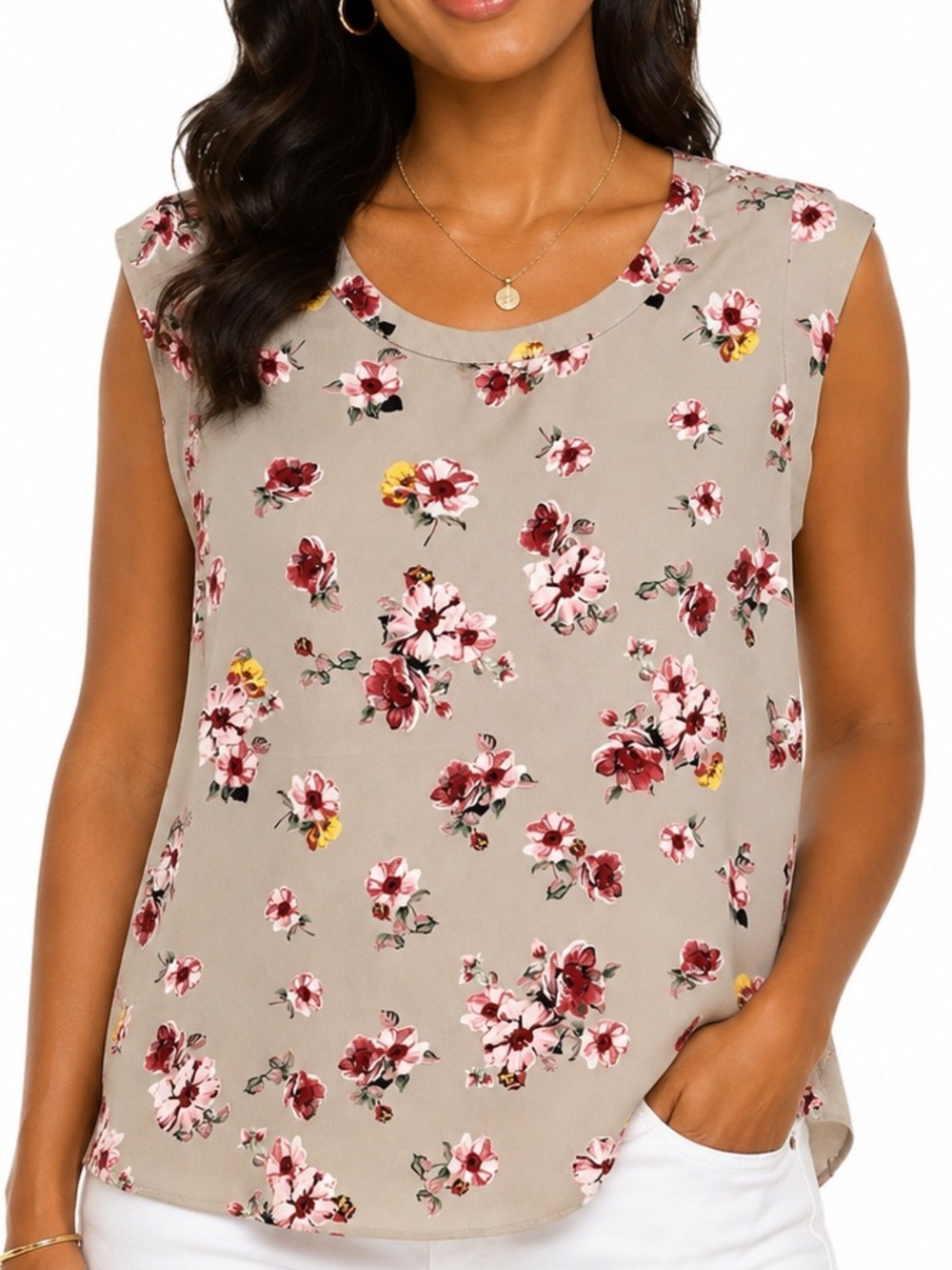 Pleione Anthropologie Taupe Floral Sleeveless Tank with Burgundy & Pink Blooms